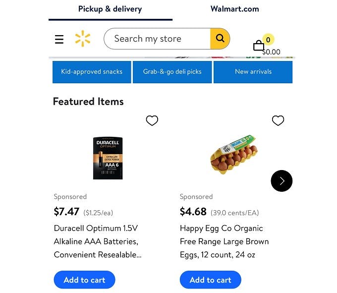 ヤフーのメールアプリでのウォルマートの食品・日用品の注文画面