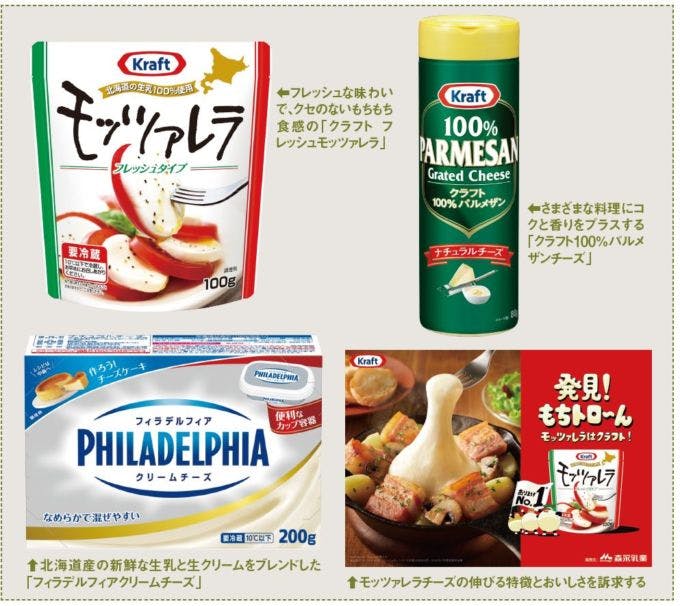 森永乳業の「クラフト フレッシュモッツァレラ」「クラフト100％パルメザンチーズ」、「フィラデルフィアクリームチーズ」