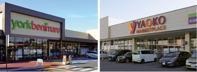ヨークベニマル取手戸頭店（左）とヤオコー取手戸頭店（右）