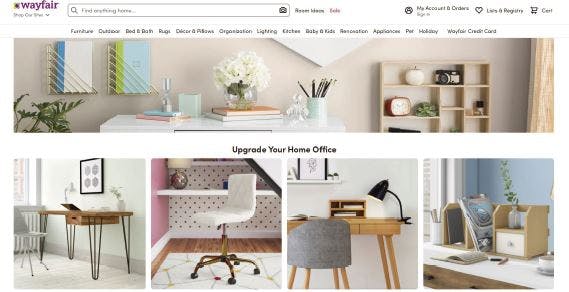 世界最大の家具・インテリア用品専門EC企業ウェイフェア（Wayfair）のウェブサイト