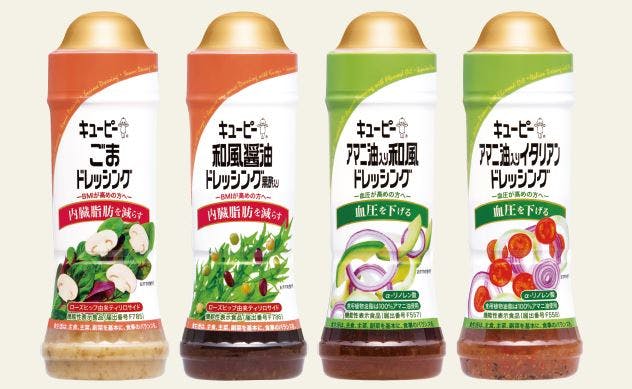 キユーピー：「ごまドレッシング」「和風醤油ドレッシング黒酢入り」「アマニ油入り和風ドレッシング」「アマニ油入りイタリアンドレッシング」