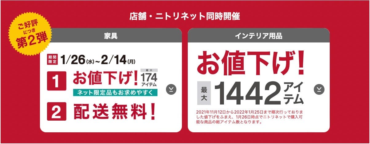 ニトリの家具の期間限定値下げ第2弾の告知