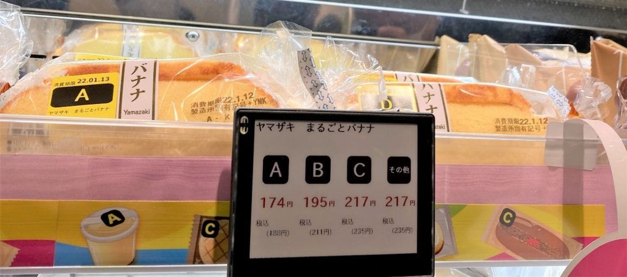 電子棚札と商品。賞味・消費期限が長いC→B→Aの順