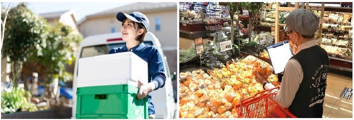 ライフネットスーパーの配達の様子とライフ吹田泉町店のスタッフがネットスーパーの商品をピックアップする様子