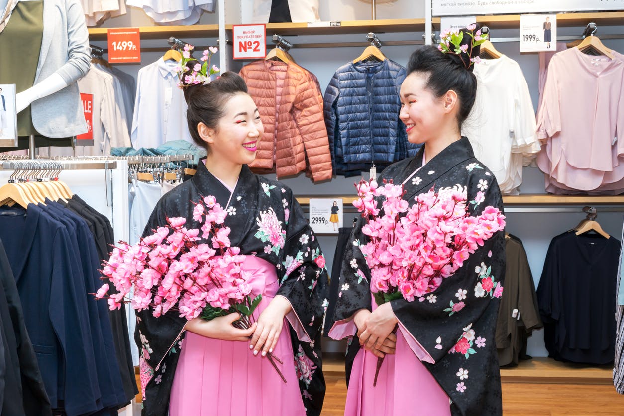 Moscow, Russia - March 24, 2017: two Japanese geisha girls in traditional kimono in Riviera shopping center at the opening of a new store UNIQLO Unique Clothing Warehouse(Elen11/istock).