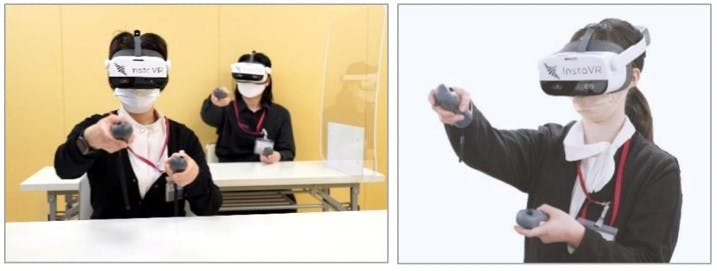 イオンリテールの従業員がヘッドマウントディスプレイを装着し、VRで接客やレジの操作などを学んでいる様子