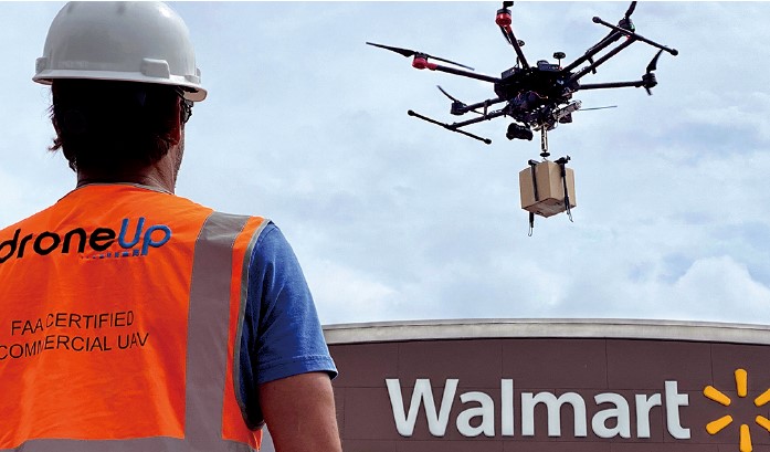 ウォルマートの店舗からドローンで商品が配送される様子