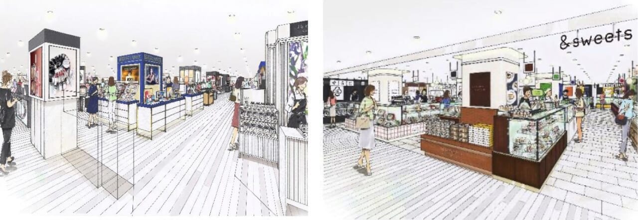 小田急百貨店の「新宿西口ハルク」に移転オープンする化粧品売り場と和洋菓子売場のイメージ