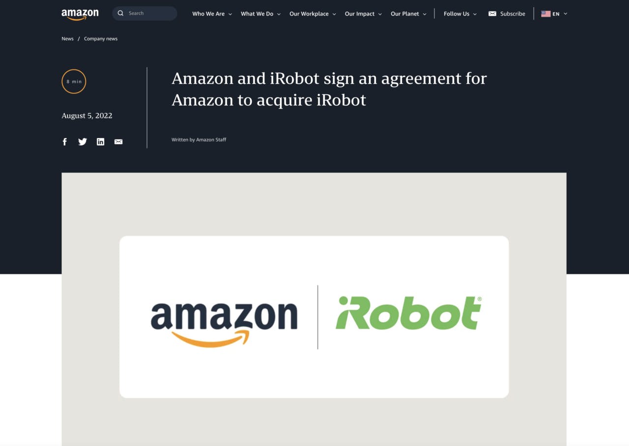 アマゾンとアイロボットがM&Aの最終契約を締結した（アマゾンHPより）