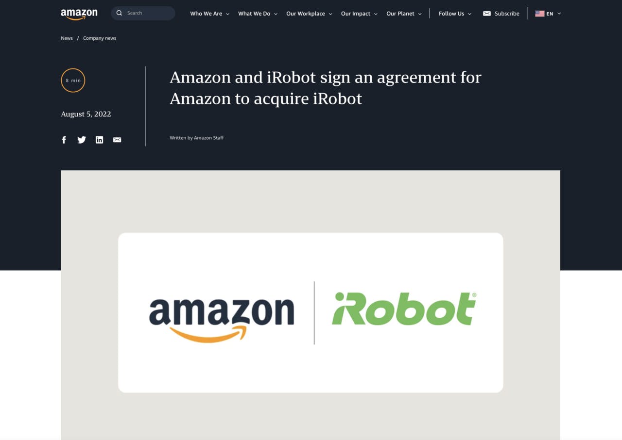  アマゾンとアイロボットがM&Aの最終契約を締結した（アマゾンHPより）