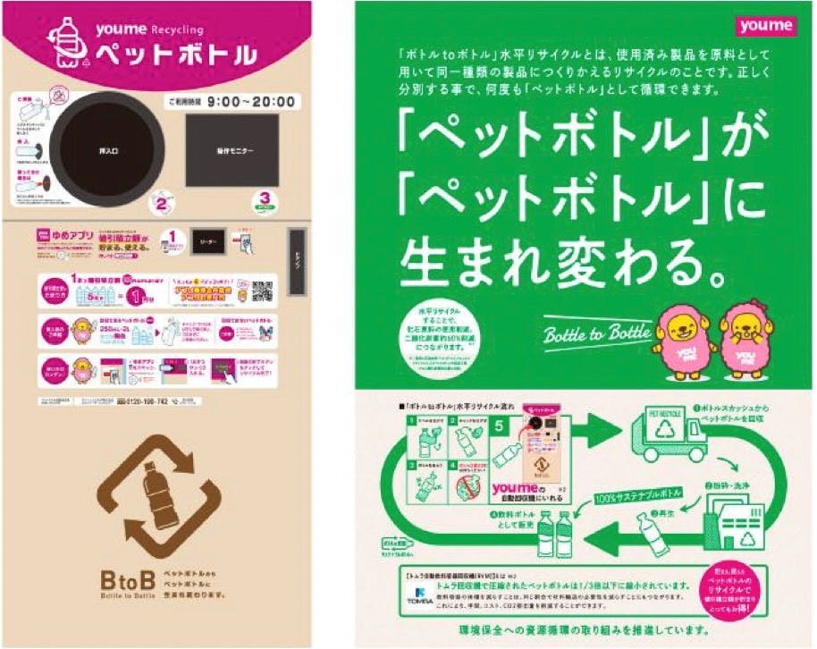 イズミのペットボトル自動回収機（左）と販促物のイメージ