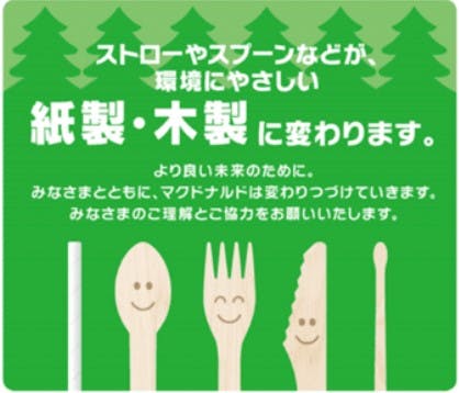 マクドナルド、全店で紙製ストローや木製スプーン導入