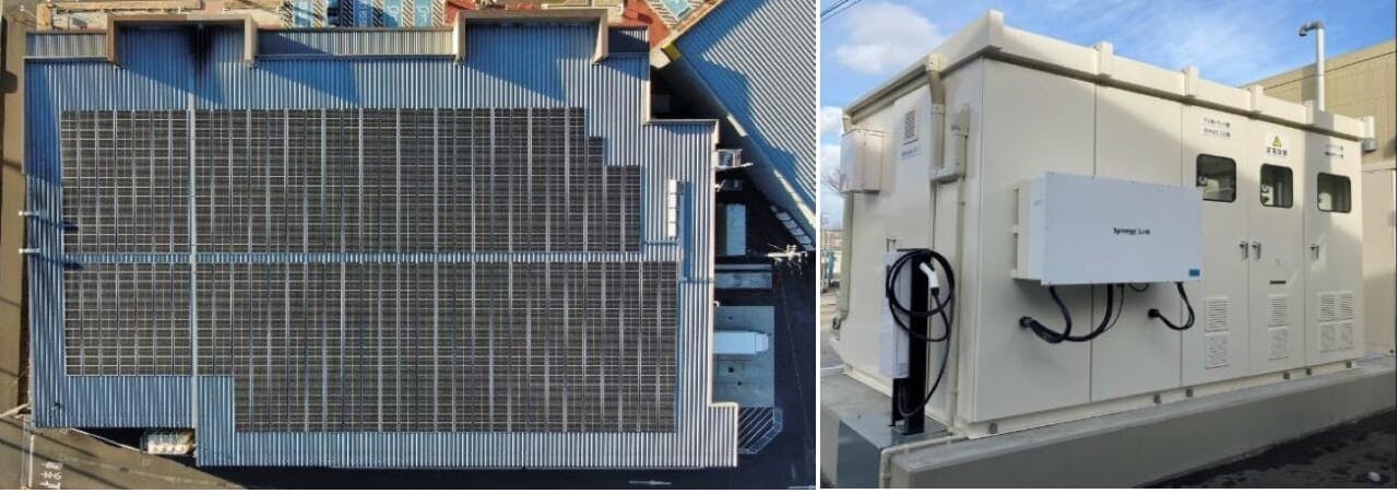 ヨークベニマル上厚崎店に設置された太陽光発電設備（左）とリチウムイオン蓄電池