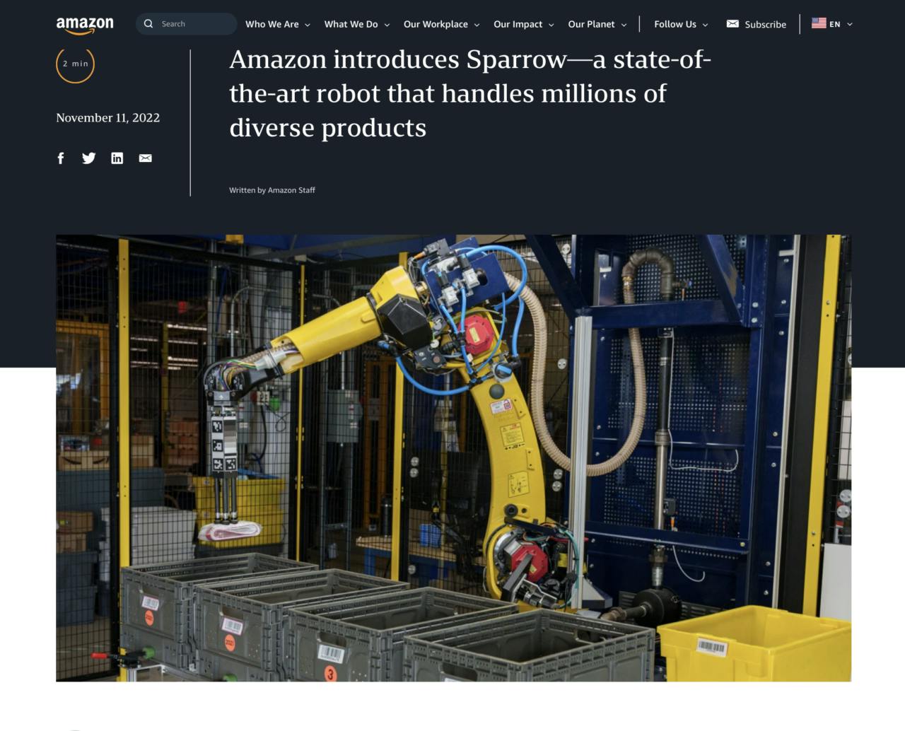 米アマゾンのロボットアーム「スパロー（Sparrow）」（出所：米Amazon.com）