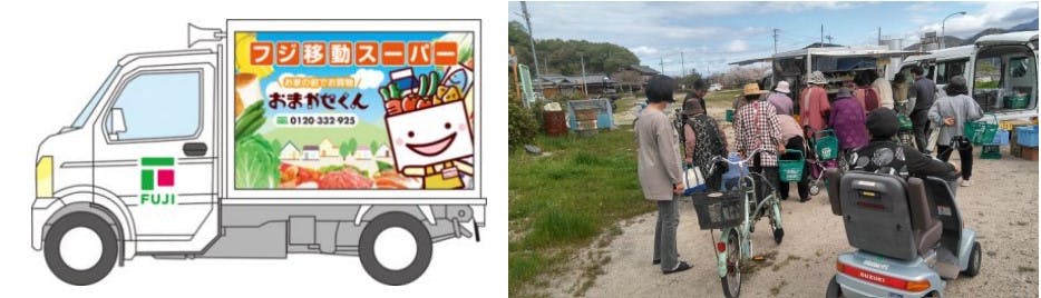 フジ移動スーパー「おまかせくん」車両と買い物の様子