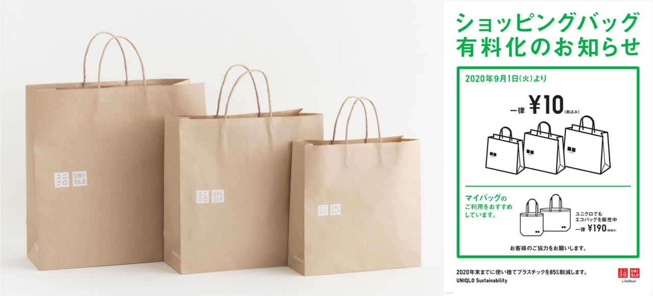 ショッピングバッグ有料化の告知ポスターと紙製 ショッピングバッグ