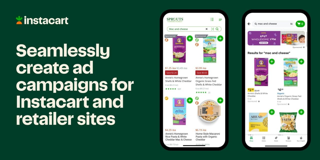 dcs230715_InstacartRetailMedia1:スプラウツのスマホアプリ（左）とインスタカートのスマホアプリ（右）で展開されている広告キャンペーン