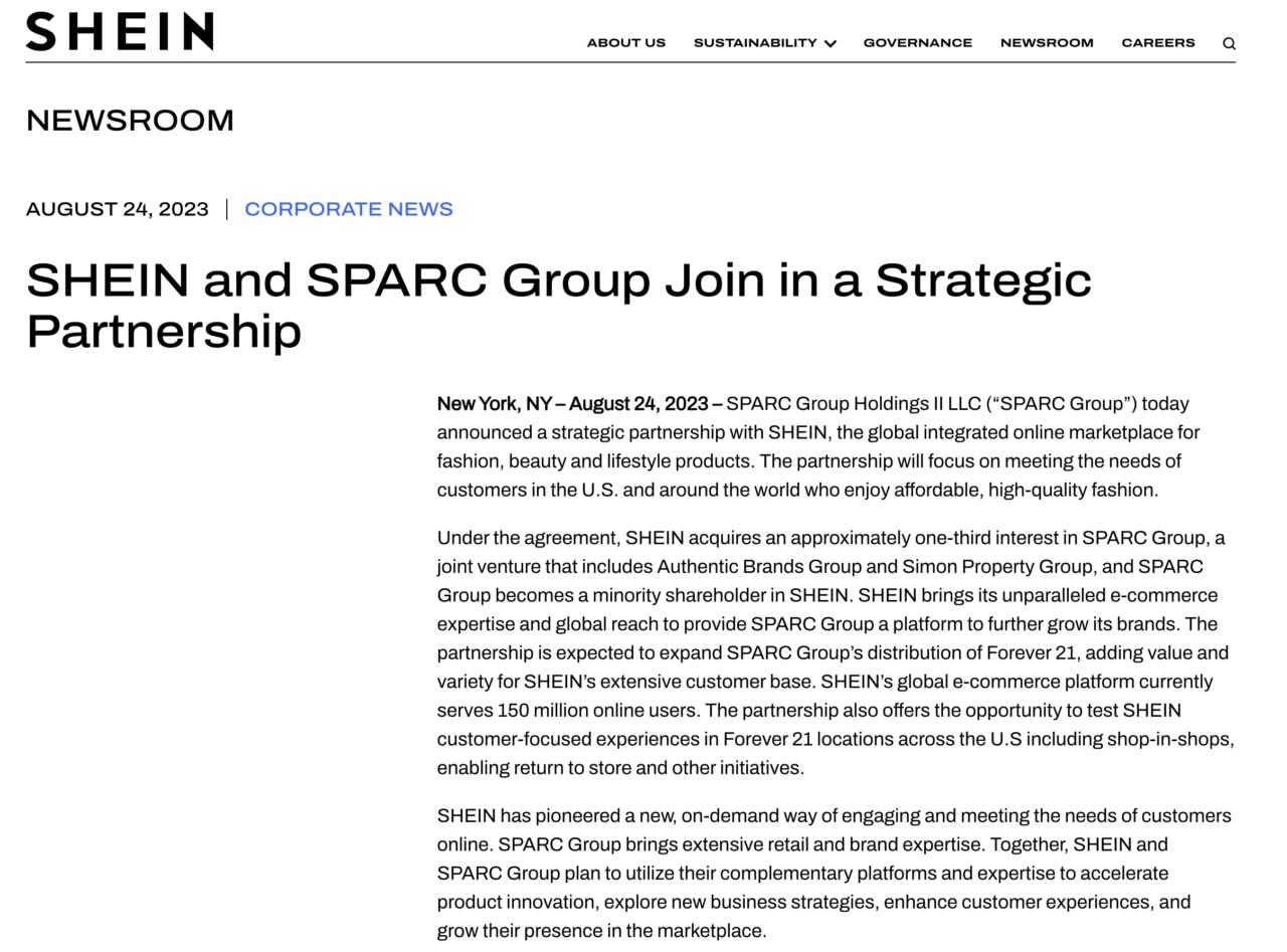 スパークグループとの戦略的パートナーシップを発表するシーインのグローバルサイト