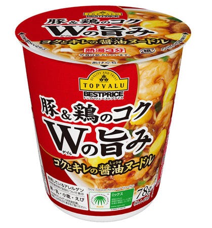 イオンが値下げを発表したプライベートブランド（ＰＢ）商品のカップ麺「コクとキレのしょうゆヌードル　７８ｇ」