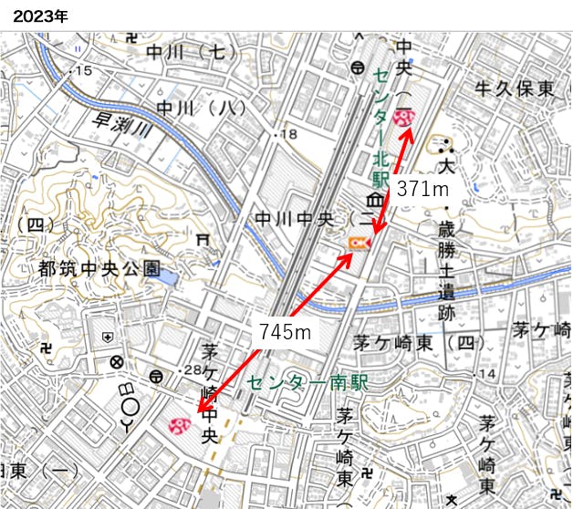 図8：横浜市・港北ニュータウン近辺での競合　地図：国土地理院