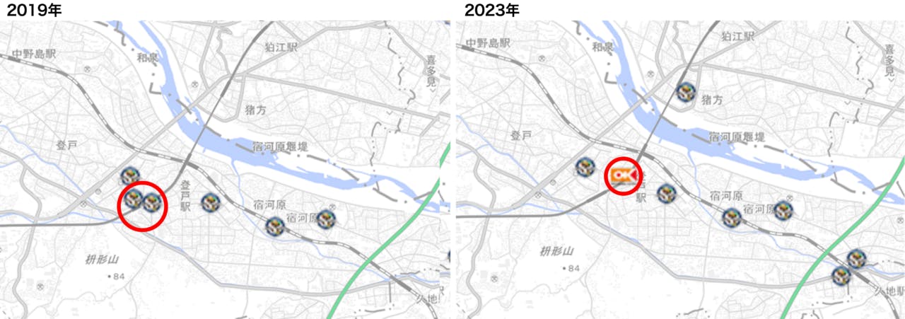 図13：川崎市・登戸駅近辺の状況　地図：国土地理院