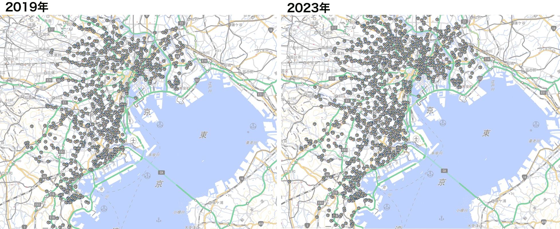 図2：面で拡大するまいばすけっと　地図：国土地理院