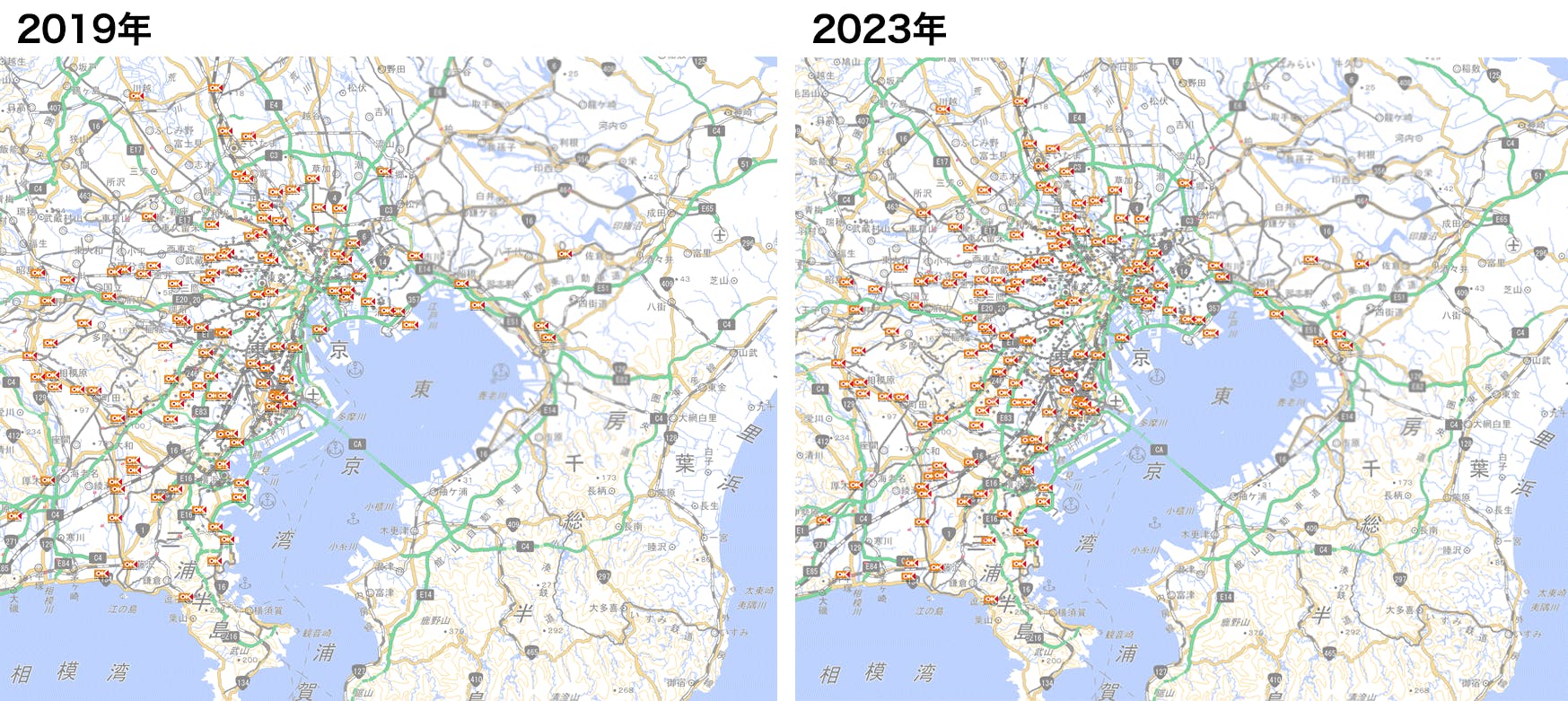 図3：オーケーの拡大状況　地図：国土地理院