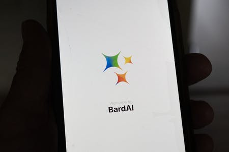 米グーグルの対話型ＡＩ（人工知能）「バード」のロゴを表示したスマートフォン