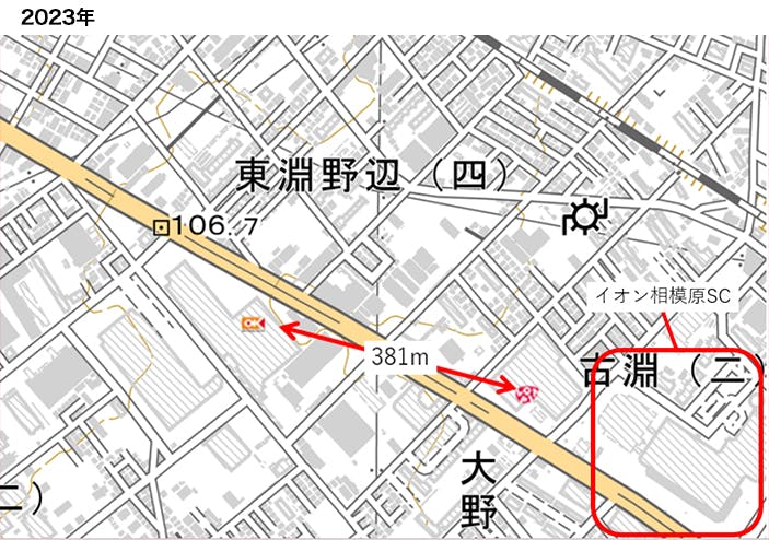 図9：相模原市・東淵野辺近辺での競合　地図：国土地理院