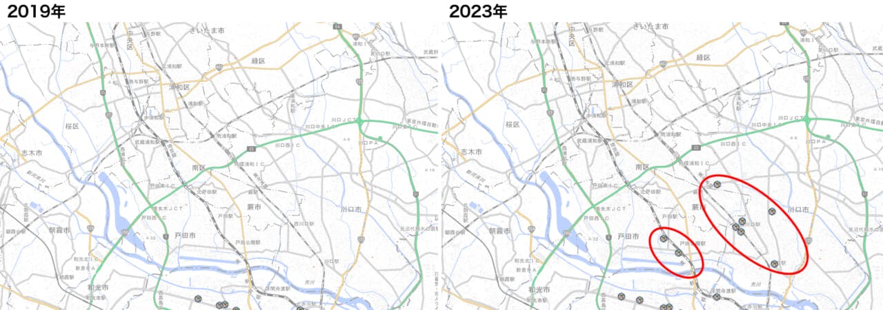 図5： 埼玉県南部におけるまいばすけっとの店舗網　地図：国土地理院