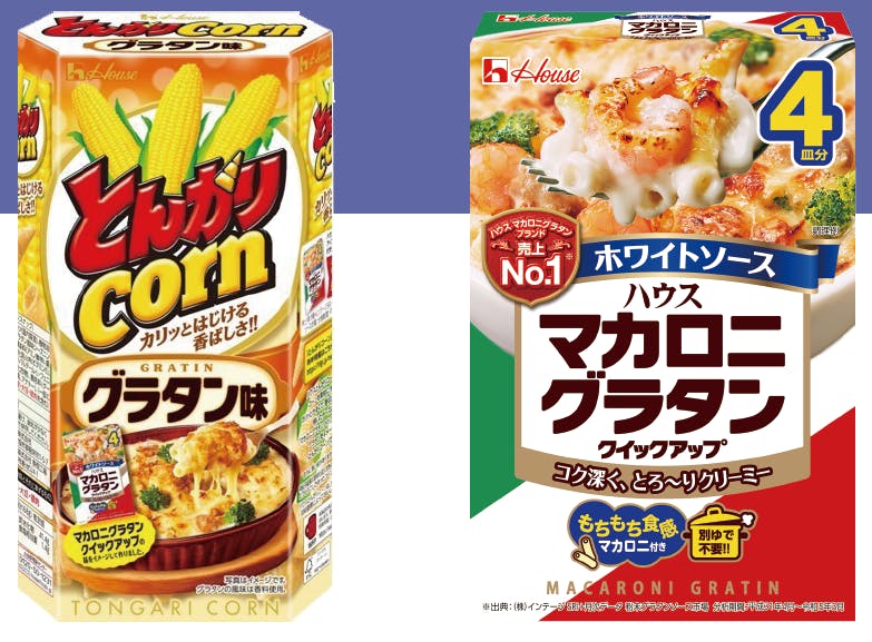 「とんがりコーングラタン味」と「マカロニグラタンクイックアップホワイトソース」商品