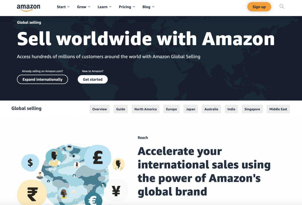 アマゾンのグローバル・セリング（Global Selling）事業のウェブサイト