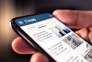 News online in phone. Reading newspaper from website. Digital publication and magazine mockup. Press feed with latest headlines in digital web portal.