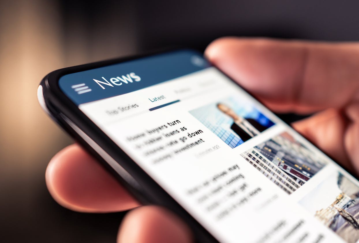 News online in phone. Reading newspaper from website. Digital publication and magazine mockup. Press feed with latest headlines in digital web portal.