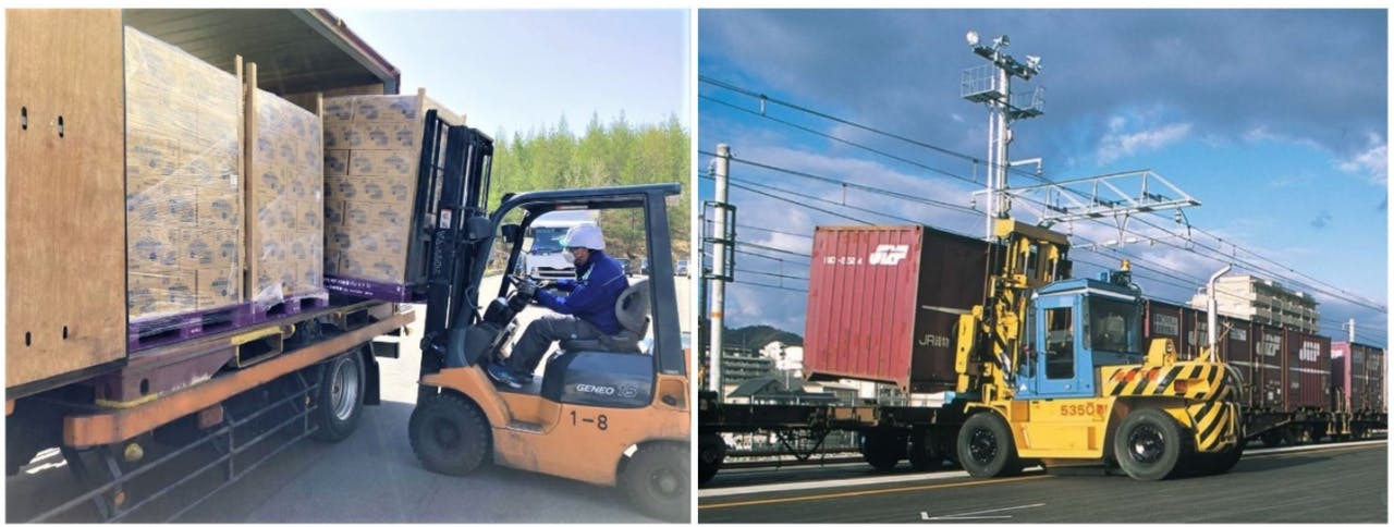 「ファミマル 新潟県津南の天然水」をJR貨物コンテナに積み込む様子ミマル 新潟県津南の天然水」をJR貨物コンテナに積み込む様子