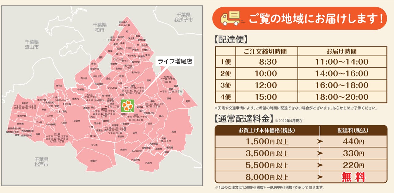 ライフ増尾店のネットスーパーの配送エリア、配送便時間、配送料金