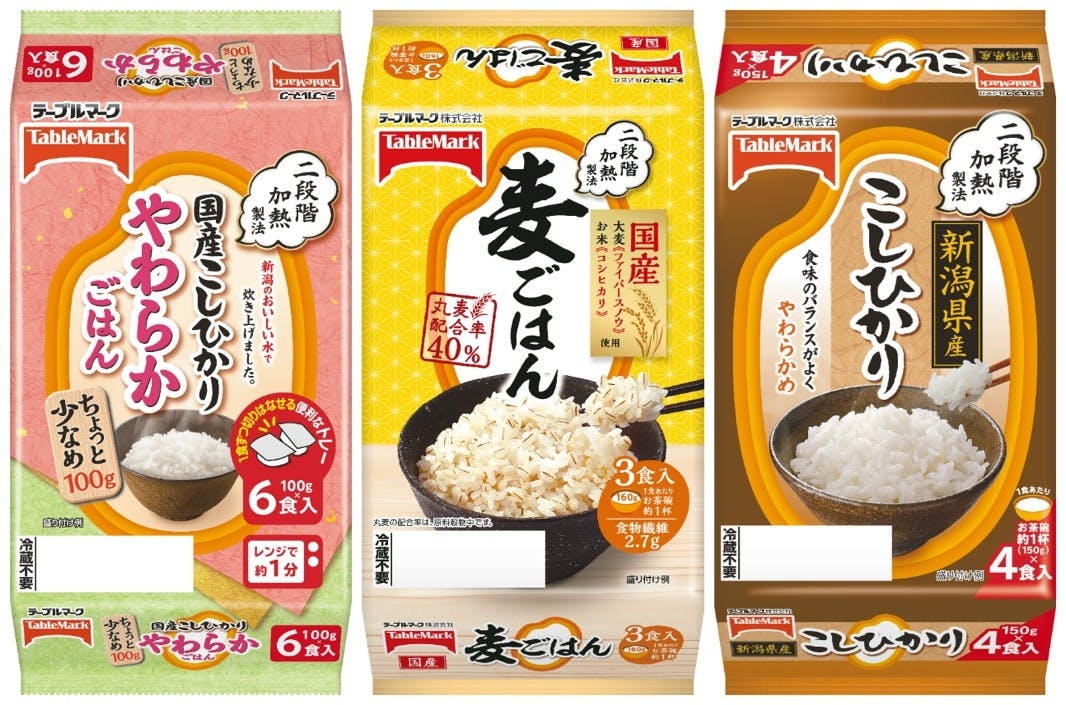 「国産こしひかりやわらかごはん小盛（分割）6食」（左）、大麦本来の風味とプチプチした食感が楽しめる「麦ごはん3食」 （中）お茶碗約１杯分の銘柄米シリーズ「新潟県産こしひかり（分割）4食（右）