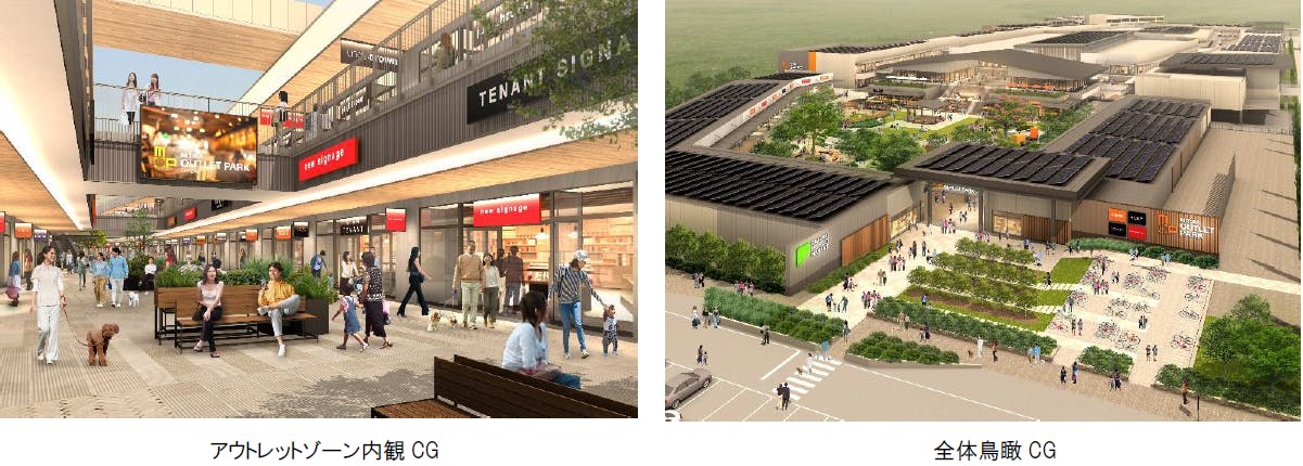 「三井アウトレットパーク 岡崎」 アウトレットゾーン内観と全体鳥観図 CG