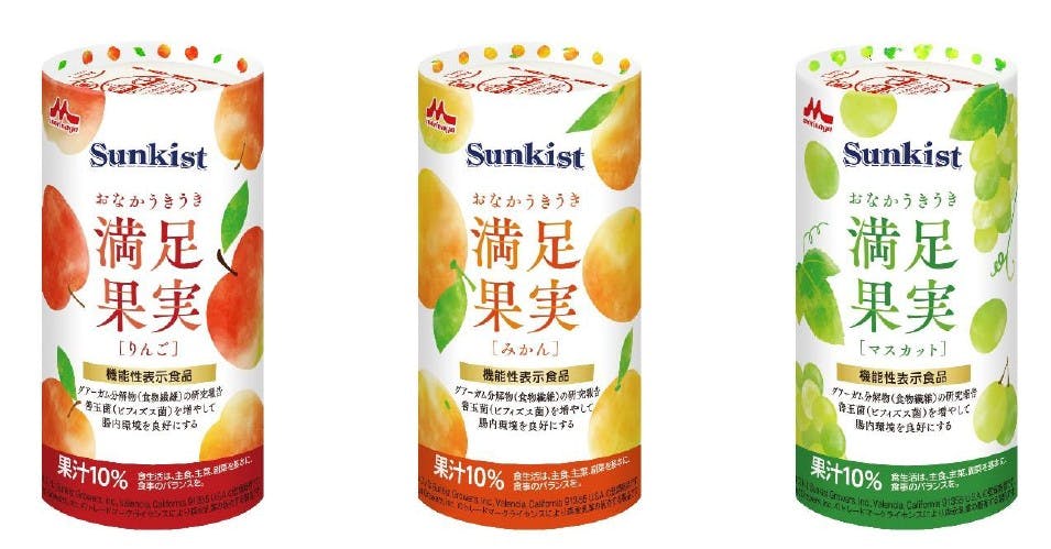 「Sunkistおなかうきうき満足果実 りんご」「Sunkistおなかうきうき満足果実 みかん」「Sunkistおなかうきうき満足果実 マスカット」