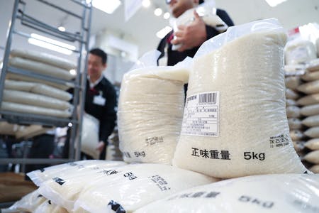 「イオンスタイル品川シーサイド」で陳列される政府が随意契約で放出した備蓄米