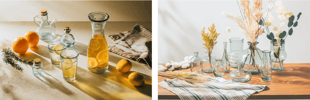 Standard Productsで販売するスペインのサンミゲル社の100％リサイクルガラスで作られた食器と花瓶