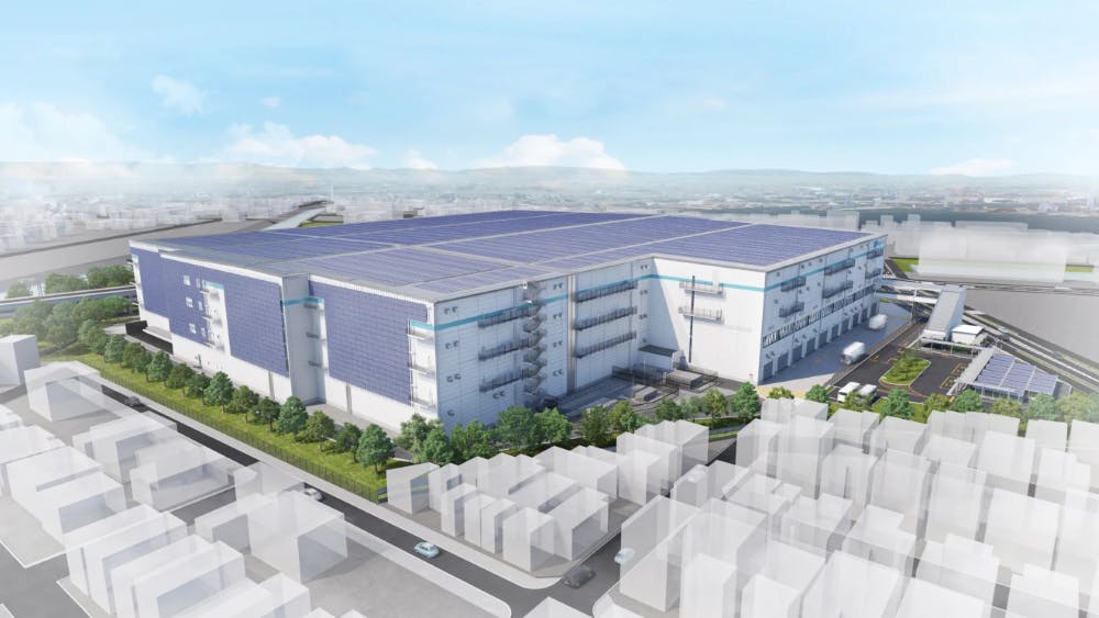 Amazon古屋市の物流拠点 建屋の屋根および壁面に設置された太陽光発電設備のイメージ