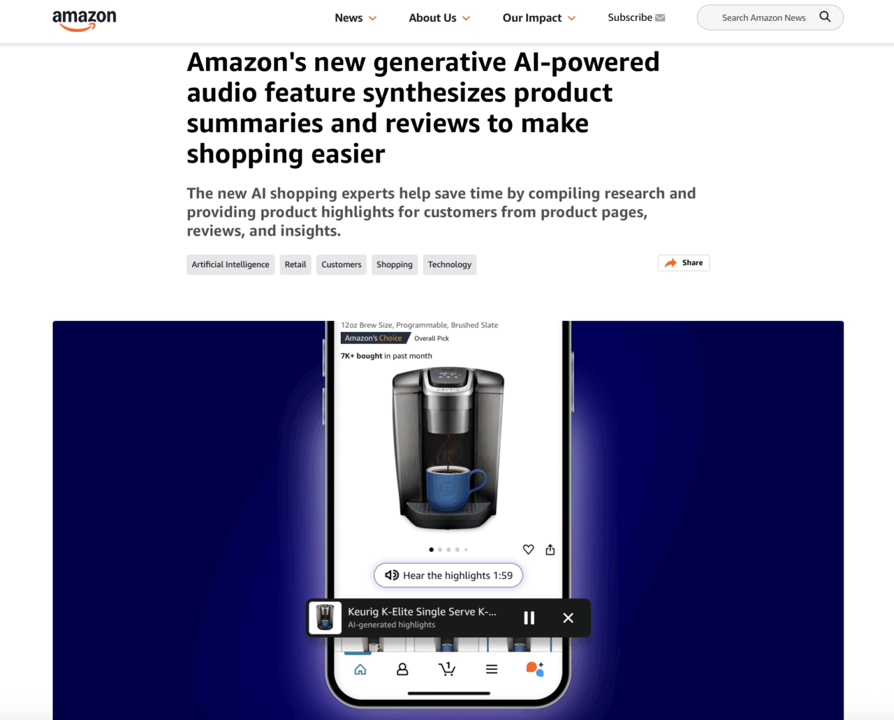 米アマゾンは音声要約の新機能「ヒアー・ザ・ハイライト（Hear the highlights）」のテストを米国で開始した
