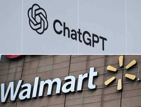 写真上から「チャットＧＰＴ」（時事）とウォルマート（ＡＦＰ時事）の看板