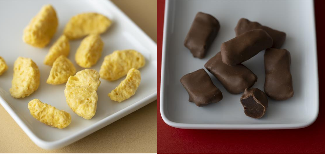 無印商品の「不揃い　しみこみチョコ温州みかん」と「ポムショコラ」
