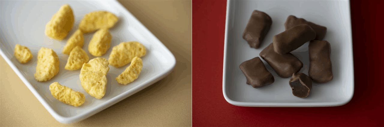 無印商品の「不揃い　しみこみチョコ温州みかん」と「ポムショコラ」