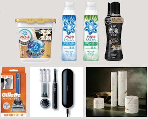 シニア層や単身男性層に向け、今期注力する「アリエールジェルボール」「アリエールMiRAi」、「レノア煮沸レベル消臭抗菌ビーズ MEN」「ジレット フュージョンボディ」「オーラルB」「SK-Ⅱ 金継ぎ」