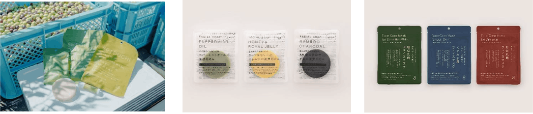 左から、豊島産オリーブオイル配合のスキンケアシリーズ、Standard Productsオリジナル石けん、出雲湯村温泉水使用のフェイスマスク
