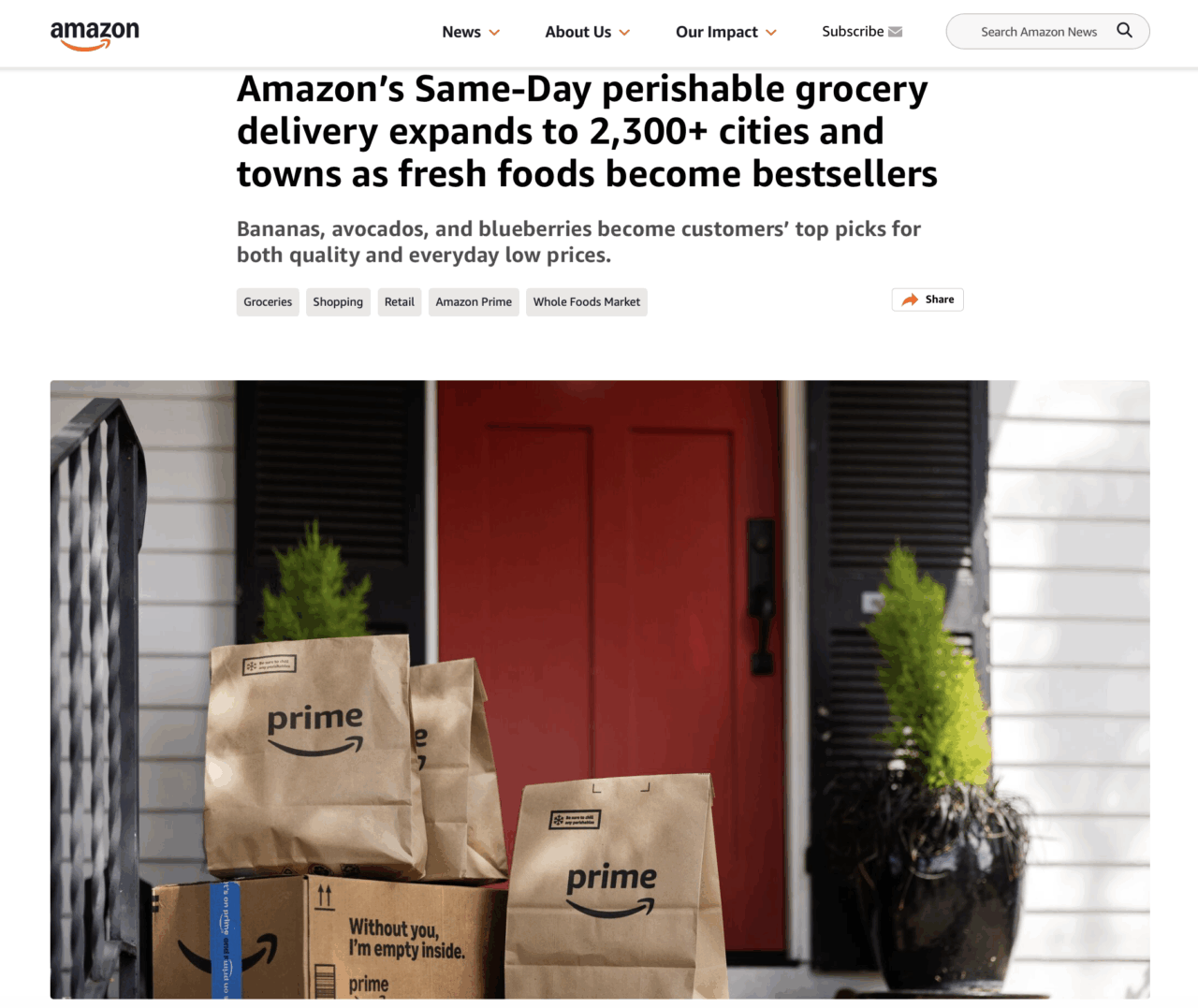 生鮮食料品の当日配送網を全米2300都市規模へ拡大／出典：アマゾン発表資料