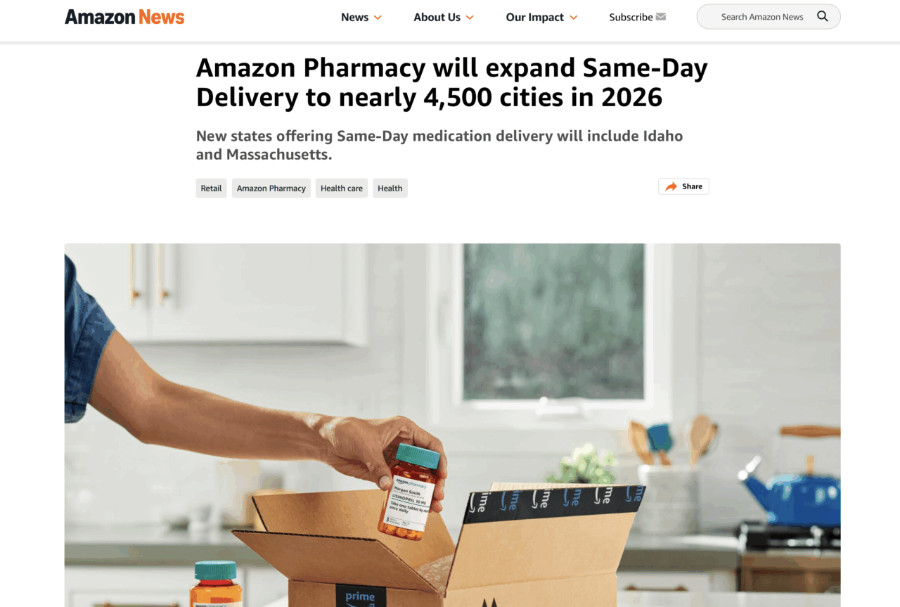 処方薬の当日配送エリアを2026年末までに全米4500都市へ拡大／出典：アマゾン発表資料